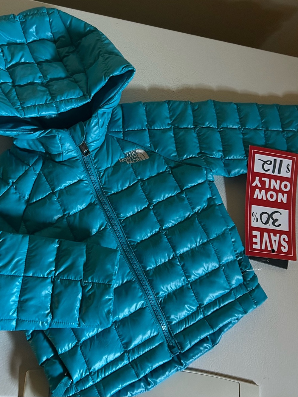 The North Face Teal Puffer Jacket with Hood. 2T